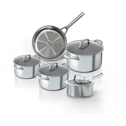 Topf-Set NINJA "Ninja ZEROSTICK 5-teiliges Topf- u. Pfannen-Set aus Edelstahl C65000DE", silber (edelstahlfarben), Töpfe, Edelstahl mit Aluminiumbeschichtung für Braten bei hohen Temperaturen