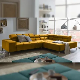 KAWOLA Ecksofa Nelson Velvet Recamiere rechts mit motorischem Sitzvorzug curry