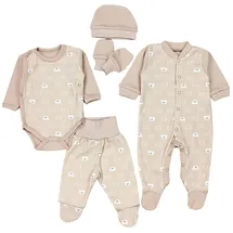 TupTam Baby Kleidung Set Jungen Langarm Bekleidung Neugeborene Füßlingen Hose Body Strampler Mütze 5 tlg, Farbe: Bärchen CC/Beige, Größe: 50 - 50