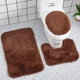Reyox Badvorleger Set 3 Teilig, Weiche Hochflor Badematte rutschfest, Mikrofaser Flauschig Badteppich für Toilett WC Badezimmer Braun 3 STK