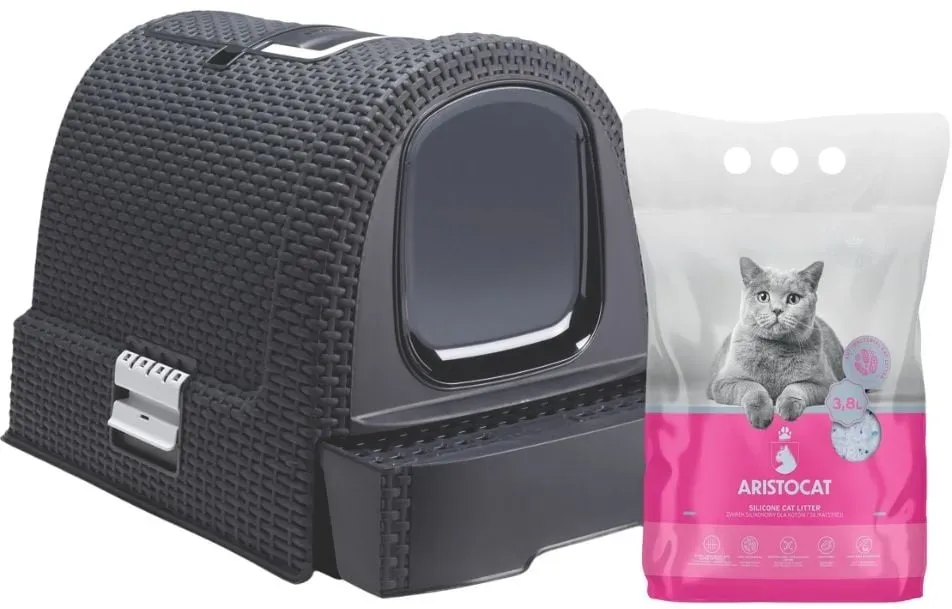 CURVER Katzentoilette grau  + ARISTOCAT Silikatstreu für Katzen 3,8 l