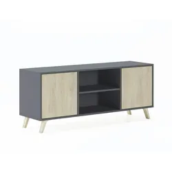 SKRAUT HOME TV-Schrank 140 mit 2 Türen, Wohnzimmer, Modell WIND, Farbe Struktur Anthrazitgrau, Farbe Türen Eiche, Maße 140x40x57cm hoch. - TV140WINDGRISPUCC