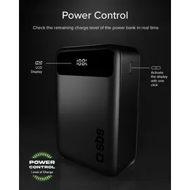 SBS Compact PowerBank, 20000mAh, 20W Power Delivery (PD 3.0 PPS), AFC, Powerbank mit Schnelllade, LCD-Display, USB-C, USB-A, tragbares Reiseladegerät, kompaktes Design, Schwarz