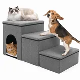 Hundetreppe für Kleine Hunde mit Stauraum und Katzenöffnung, Breite Dog Stairs Faltbare mit Rutschfestem Boden für Bett und Couch, Hundetreppe Kleine Hunde 3 Stufen (Grau)