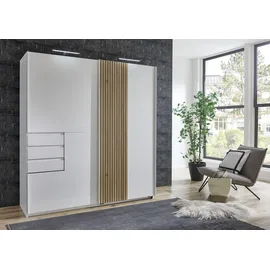 WIMEX Schwebetürenschrank WIMEX "Coburg, Kleiderschrank Made in Germany", weiß (weiß, akustiklamellen nachbildung artisan eiche nachbildung), B:180cm H:198cm T:65cm, Spanplatte, Schränke, Schwebetürenschrank, mit Akustikpaneel Optik oder Holzoptik eichefarben,