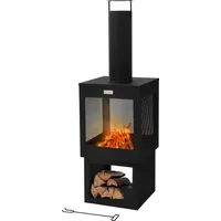 ML-Design Gartenkamin mit Schornstein, 128x40 cm eckig Schwarz, Stahl, Outdoor Terrassenofen mit Schürhaken, abnehmbarem Dach, Holzablage - Schwarz