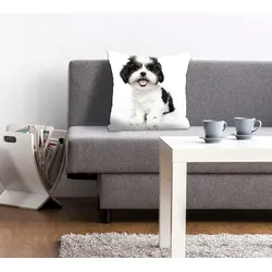 Dekokissen QUEENCE "Malteser", braun (braun, schwarz, bedruckt), B:40cm L:40cm, Polyester, Dekokissen_Sitzkissen_Kissenhüllen, mit einem Malteser Hund