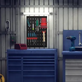 Relaxdays Werkzeugwand Metall, 25-teiliges Zubehör-Set, HxBxT: 60 x 118 x 2 cm, 3 Lochwände, Wandmontage, schwarz/rot