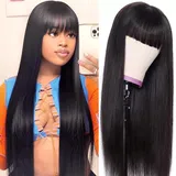 Straight Wig with Bangs Echthaar perücke Human Hair Wigs with Bangs Brasilianisches Perücken Echthaar Damen Glueless Brazilian None Lace Front Wig 20" (50 cm)