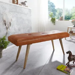 Kadima Design Retro-Sitzbank aus Ziegenleder und massivem Holz, stabil, 200 kg Belastbarkeit. 117x38x51 cm