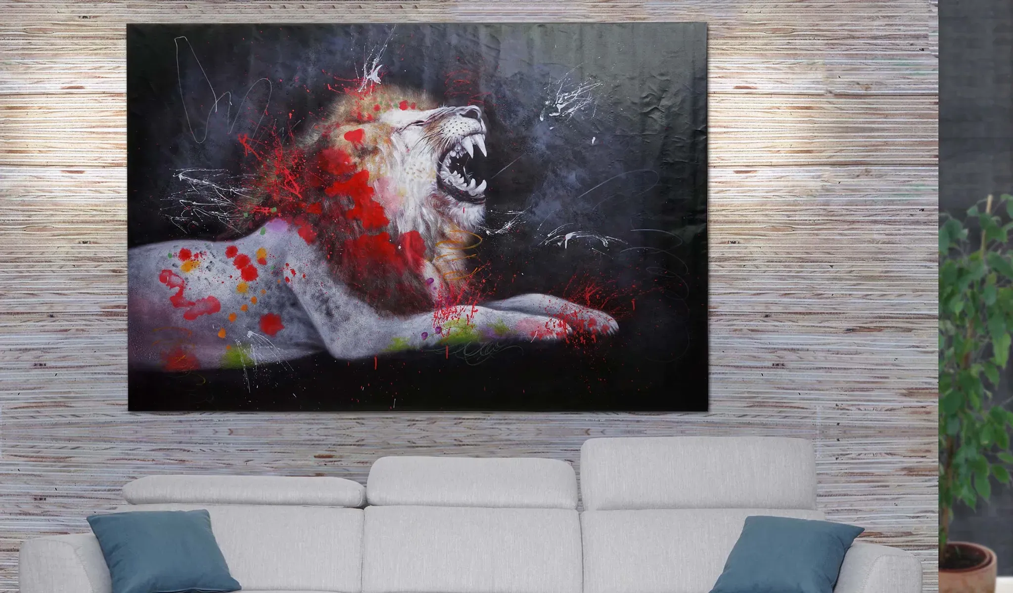 Ölgemälde Löwe HWC-H25, Leinwandbild Wandgemälde Gemälde, handgemaltes XL Wandbild ~ 100x150cm