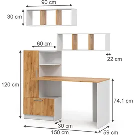 Vicco Schreibtisch-Set Tomy, Weiß/Goldkraft Eiche, 150 x 59 cm 3er Set da 2 Regale+schreibtisch, Vicco