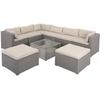 Casaria® Gartenmöbel Set Polyrattan 8 Personen Wetterfest Tisch 5mm Sicherheitsglas Lounge Outdoor Terrasse Eck Sofa Sitzauflagen Creme-Creme