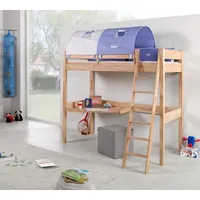 Hochbett RENATE Buche massiv natur lackiert, mit Schreibtisch und Tunnel