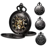 TREEWETO Taschenuhr Unisex Personalisiert Gravur Taschenuhr mit Kette Analog Handaufzug Doppelscharnier Antik Graviert Römische, Schwarzes Zifferblatt