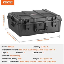 Vevor Hartschalenkoffer Trockenbox mit vorgeschnittenem Schaumstoff 62 x 49 x 22,5 cm Polycarbonat Schwarz