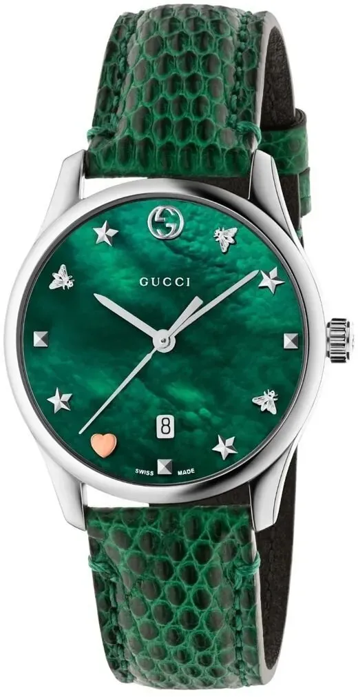 Gucci G Timeless Damenuhr aus Edelstahl silber grün Lederarmband