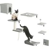 PawHut PwaHut Kletterwand Katzen 7-teilig Katzen Kletterwand Set mit Katzenhaus, Plattform, Kratzbaum mit Hängeball, Plüsch-Wandkratzbaum, Katzenmöbel ...
