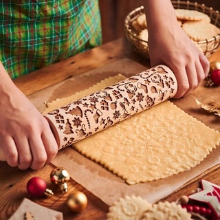 Yezelend Präge-Teigrolle Aus Holz, Geprägt, Mit Weihnachtlichen Schneeflocken Und Hirsch-Muster, Geschenkidee Für Die Küche, Zum Backen Von Gebäck, Kuchen, Keksen, Fondant, Gebäck, Kekse