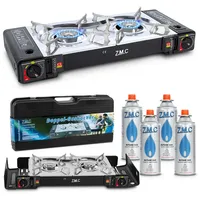 ZMC Gaskocher Doppel Kartuschenkocher Gaskocher 2 Flammig + 4x Gaskartuschen 227g, (MSF-1a automatische Piezo-Zündung (elektrisch) Herd Butangas), Outdoor Gas Campingkocher 2Fach Gasherd Ofen Butan Kochfeld Gas Kocher