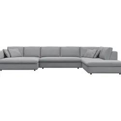 Wohnlandschaft FLEXLUX "Lovane, U-Form, bequem und komfortabel", grau (sophisto grau), B:400cm H:84cm T:272cm, 100% Polyester, Sofas, Weich & anschmiegsam, große Sitztiefe auf Kaltschaum, Dekokissen inkl.