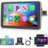 Wireless Carplay Android Autoradio 1 Din Android Auto mit GPS Navi 10 Zoll Vertikal Drehbarer Touchscreen Autoradio mit WiFi Bluetooth FM/RDS USB Hi-Fi DAB+ SWC Mikrofon + AHD Rückfahrkamera