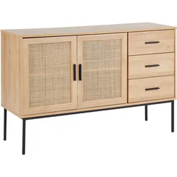 Sideboard heller Holzfarbton 3 Rattan-Türen 3 Schubladen PASCO