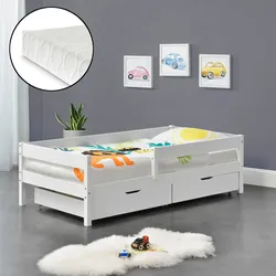 Kinderbett Borgarnes 90x200 cm mit Kaltschaummatratze und Schutzgitter Weiß