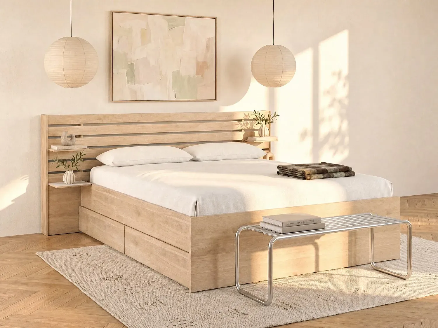 Bett mit Stauraum - 140 x 190/200 cm + Lattenrost + Matratze - Holzfarben - TENALIA II