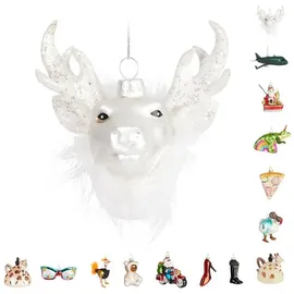 Brubaker Hirschkopf Weiß mit Glitzer Weihnachtskugel aus Glas - Handbemalt und Mundgeblasen - Christbaumschmuck Lustig - Christbaumkugel Figuren Weihnachtsdeko Anhänger - Deko Baumkugel