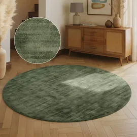 vikosa Viskose Teppich Noemi - Flauschiger Wohnzimmerteppich Rund, Handgemacht & Weich, Einfarbiges Design Handgewebt, dezenter Glanz, Kurzflor für Wohnzimmer, Schlafzimmer, Flur - Grün, Ø 120 cm