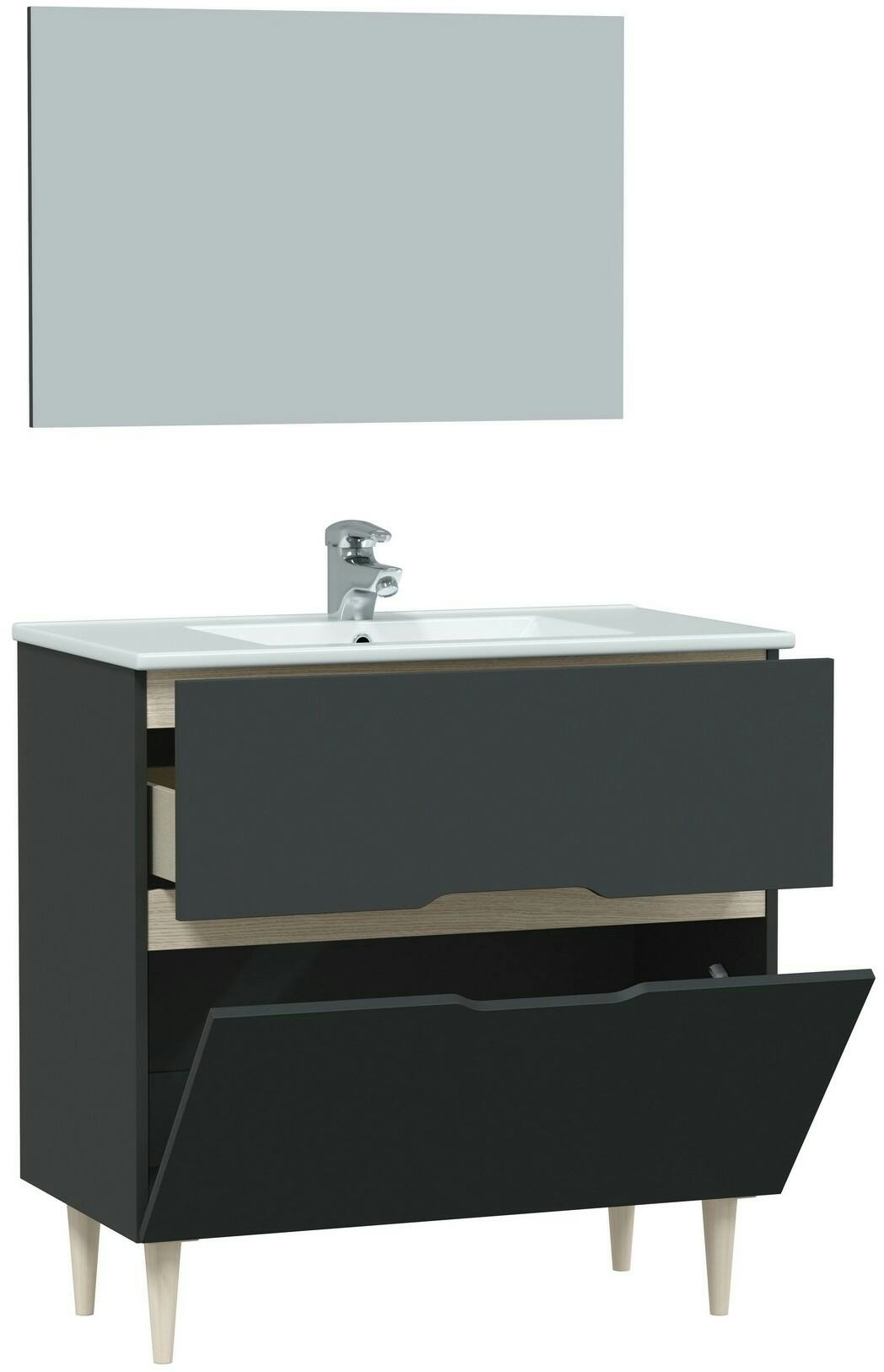 Dmora Waschtischunterschrank Yarmouth, Badezimmer-Waschtischunterschrank, Badezimmerschrank mit Spiegel, 80x45h80 cm, Anthrazit und Eiche