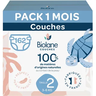 BIOLANE - Windeln Größe 2 – (3 – 6 kg) – für empfindliche Haut – Ultra-saugfähig, kein Auslaufen, 12 Stunden trocken – 1 Monat 162 Windeln