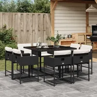 IKAYAA Rattan Essgruppe 8 Personen aus 1 Tisch mit Glasplatte, 8 Stühle, Gartenmöbel Essgruppe Garten Sitzgruppe Rattan Gartenmöbel Set Sitzgarnitur mit Auflagen Gartengarnitur Schwarz und Creme