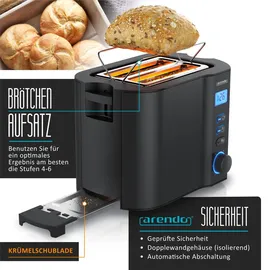 Arendo 2-Scheiben Toaster mit 6 Bräunungsstufen, LCD-Display mit Restzeitanzeige, 800 Watt, Auftaufunktion, Brötchenaufsatz, Schwarz