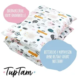 TupTam Kinder Gemusterte Bettdecken Set Ganzjahresdecke Bettdecke Kopfkissen Flachkissen 2tlg., Farbe: Wald/Beige, Größe: 135x100 cm