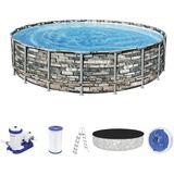 Bestway Power SteelTM Frame Pool, 610 x 132 cm, Komplett-Set mit Filterpumpe, rund, Stein-Optik