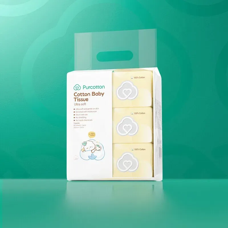 Purcotton Baby-Feuchttücher aus reiner Baumwolle (ultraweich), 240 Blatt (80 Blatt x 3 Packungen), ultraweich und sanft zur Haut, mit Feuchtigkeitsspendern angereichert, trocken oder feucht verwendbar, nicht ausblutend, ohne aggressive Chemikalien