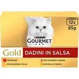 PURINA GOURMET Gold Feuchte Katze Würfel in Sauce mit Gemüse, mit Ente, Trouta, Kalbskaninchen - 96 Dosen zu je 85 g (12 Packungen mit je 8 x 85 g)