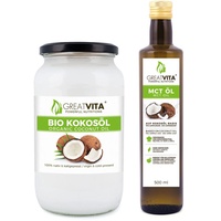 GreatVita Bio Kokosöl 1000 ml nativ + MCT Öl 500 ml C8 & C10 Fettsäuren Spar-Set