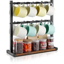VEVOR Kaffeetassenhalter 16 Haken Tassenregal Tassenständer mit Holzablage