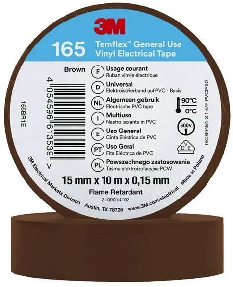 3M Temflex 165 Vinyl Elektro-Isolierband, 15mm breit, 10m lang, braun, 10 Stück