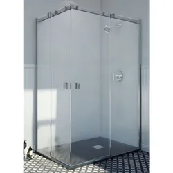 Doccia Ginebra Duschkabinen Eck-Abtrennung mit zwei Schiebetüren und zwei Fixteilen, bis 220cm, H:bis 195cm, chrom, Glas Dekor