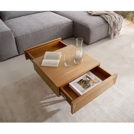 DeLife Couchtisch Kayu Akazie Natur 2 Schübe V-Fuß Edelstahl Couchtische