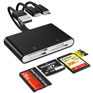 Memory Stick Pro Duo Adapter, 4-in-1 Lightning/USB-C/USB-A Multi-Speicherkartenleser für SD/Micro SD/MS/XD Picture Card, Sony Cybershot Memory Stick Pro Duo Reader für iPhone/Android/PC