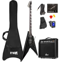 Max GigKit Rock Style E-Gitarre, E Gitarren Set mit Gitarrenverstärker, Tasche, Plektrum, Stimmgerät Gitarre, Instrumentenkabel, Ersatzsaiten, Gitarrengurt, 24 Bünde - Schwarz