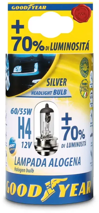 1 Stück H4-Halogenlampe X4 12 V 60/55 W +70% 3000 K E4 Goodyear