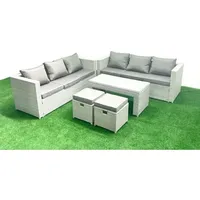 8-Sitzer Gartenmöbel-Set im Freien Polyrattan Garten Sofa Rechteckiger Couchtisch Set mit 2 kleinen Hockern Hellgrau gemischt - Fimous