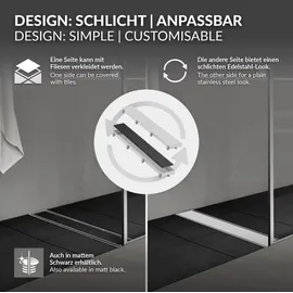 luxebath Duschrinne 2in1, befliesbar, extra flach, Silber, Doppelseitige Bodenablauf, Komplettset Bodenbefestigung, Duschablauf, Siphon Geruchsstop, Haarsieb,