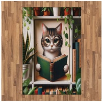 Teppich Flachgewebe Deko-Teppiche für das Wohn-,Schlaf-, und Essenszimmer, Abakuhaus, rechteckig, Katze Bücherwurm Kätzchen liest in botanischer Gemütlichkeit beige|grün 120 cm x 180 cm